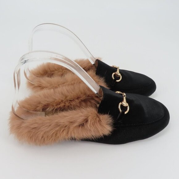Womens 39 Black Velvet Gold Metal Horse Bit Brown Rabbit Fur Slide Shoes Slipper - Picture 7 of 11